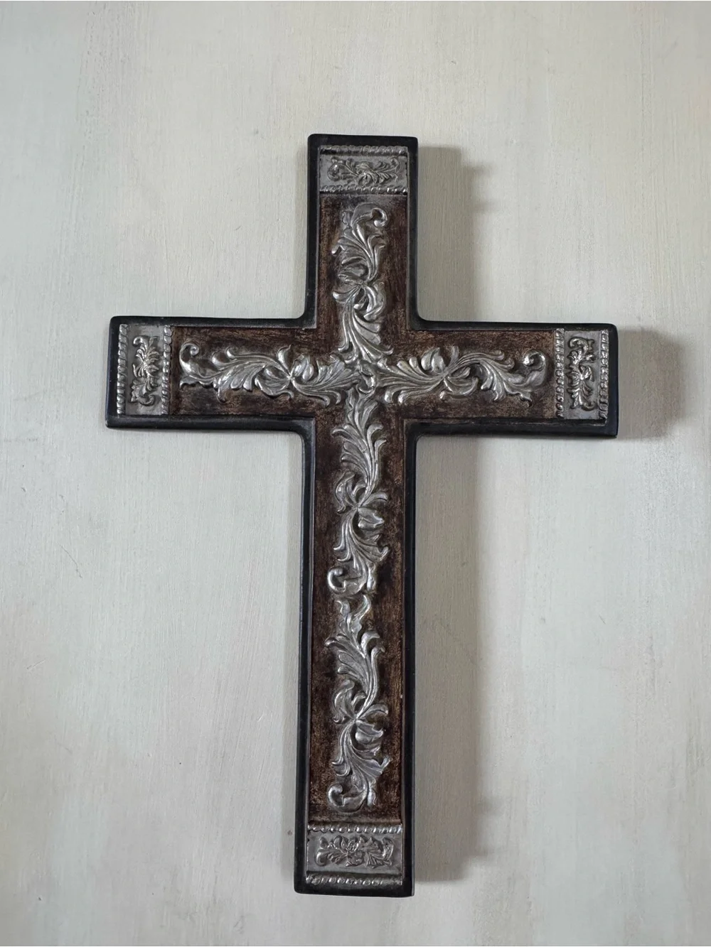 Ornate Brown and Silver Decorative Wall Cross and bronze colored ceramic cross